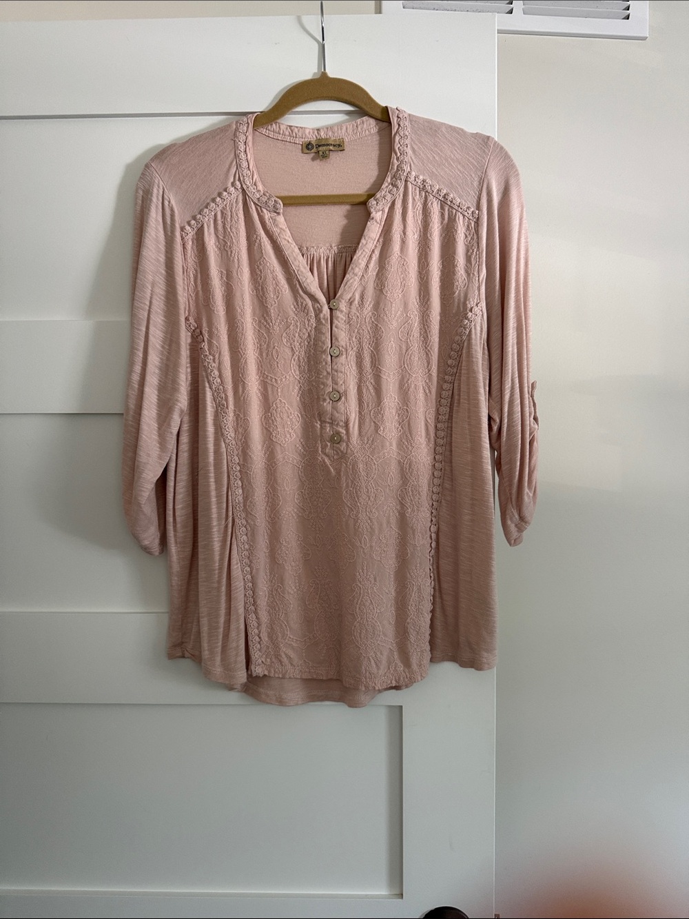 Democracy Blush Lace-Panel Henley Tunic